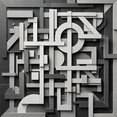 The primary subject of the image is a large, intricate, and complex arrangement of various shapes and letters. The setting appears to be a black and white background, which adds to the artistic and visually striking nature of the scene. The visual style of the image is a combination of digital art and illustration, creating a unique and captivating design. The colors and mood of the image are predominantly black and white, giving it a bold and striking appearance.